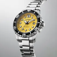 Citizen Vibrant Yellow Sunray Round Dial Analog Men's Watch NJ0170-83Z, angled case view